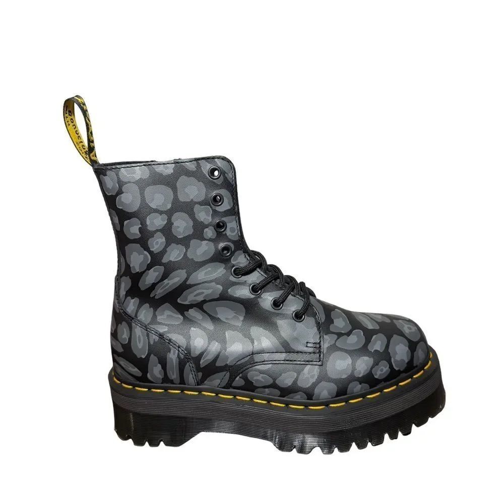 DR MARTENS BLACK GREY JADON LEOPARD PRINT Leather Lace Up Combat Boots Sz 8W